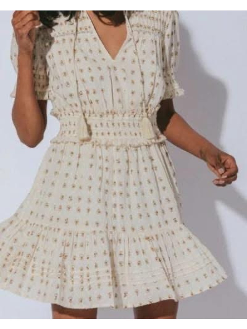 Cleobella Kellen Cream Boho Mini Sundress Tiered Flutter Sleeve Dress Medium